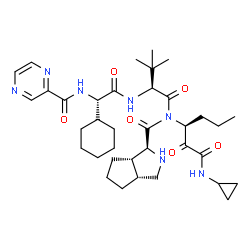ChemSpider 2D Image | (1S,3aR,6aS)-N-[(2S)-2-({(2S)-2-Cyclohexyl-2-[(2-pyrazinylcarbonyl)amino]acetyl}amino)-3,3-dimethylbutanoyl]-N-[(3S)-1-(cyclopropylamino)-1,2-dioxo-3-hexanyl]octahydrocyclopenta[c]pyrrole-1-carboxamid
e | C36H53N7O6