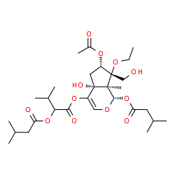 ChemSpider 2D Image | (1S,4aR,6S,7S,7aS)-6-Acetoxy-7-ethoxy-4a-hydroxy-7-(hydroxymethyl)-7a-methyl-1-[(3-methylbutanoyl)oxy]-1,4a,5,6,7,7a-hexahydrocyclopenta[c]pyran-4-yl 3-methyl-2-[(3-methylbutanoyl)oxy]butanoate | C29H46O12