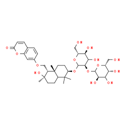 ChemSpider 2D Image | (2R,4aR,5S,6R)-6-Hydroxy-1,1,4a,6-tetramethyl-5-{[(2-oxo-2H-chromen-7-yl)oxy]methyl}decahydro-2-naphthalenyl (3xi)-2-O-[(3xi)-D-xylo-hexopyranosyl]-D-ribo-hexopyranoside | C36H52O15