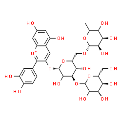 ChemSpider 2D Image | 2-(3,4-Dihydroxyphenyl)-5,7-dihydroxy-3-chromeniumyl 6-deoxy-beta-D-erythro-hexopyranosyl-(1->6)-[(2xi)-D-arabino-hexopyranosyl-(1->3)]-(2xi)-beta-D-xylo-hexopyranoside | C33H41O20