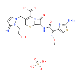 ChemSpider 2D Image | 7-{[(2-Amino-1,3-thiazol-4-yl)(methoxyimino)acetyl]amino}-3-{[(3E)-2-(2-hydroxyethyl)-3-imino-2,3-dihydro-1H-pyrazol-1-yl]methyl}-8-oxo-5-thia-1-azabicyclo[4.2.0]oct-2-ene-2-carboxylic acid sulfate (1
:1) | C19H24N8O10S3