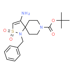 ChemSpider 2D Image | tert-Butyl 4-amino-1-benzyl-2-thia-1,8-diazaspiro[4.5]dec-3-ene-8-carboxylate 2,2-dioxide | C19H27N3O4S