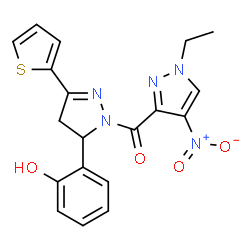 ChemSpider 2D Image | (1-Ethyl-4-nitro-1H-pyrazol-3-yl)[5-(2-hydroxyphenyl)-3-(2-thienyl)-4,5-dihydro-1H-pyrazol-1-yl]methanone | C19H17N5O4S