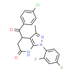 ChemSpider 2D Image | 4-(4-Chlorobenzoyl)-1-(2,4-difluorophenyl)-3-methyl-1,4,5,7-tetrahydro-6H-pyrazolo[3,4-b]pyridin-6-one | C20H14ClF2N3O2