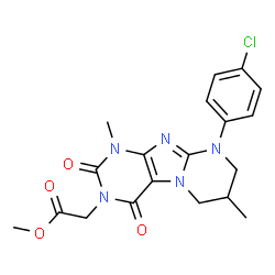 ChemSpider 2D Image | Methyl [9-(4-chlorophenyl)-1,7-dimethyl-2,4-dioxo-1,4,6,7,8,9-hexahydropyrimido[2,1-f]purin-3(2H)-yl]acetate | C19H20ClN5O4
