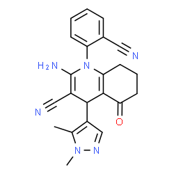 ChemSpider 2D Image | 2-Amino-1-(2-cyanophenyl)-4-(1,5-dimethyl-1H-pyrazol-4-yl)-5-oxo-1,4,5,6,7,8-hexahydro-3-quinolinecarbonitrile | C22H20N6O