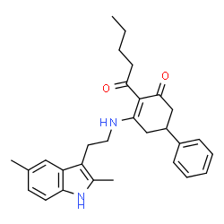 ChemSpider 2D Image | 3-{[2-(2,5-Dimethyl-1H-indol-3-yl)ethyl]amino}-2-pentanoyl-5-phenyl-2-cyclohexen-1-one | C29H34N2O2
