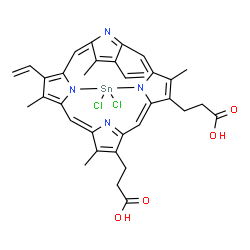 ChemSpider 2D Image | 3,3'-[(1Z,6Z,17Z)-22,22-Dichloro-5,9,14,19-tetramethyl-10,15-divinyl-21,23,24,25-tetraaza-22-stannahexacyclo[9.9.3.1~3,6~.1~13,16~.0~8,23~.0~18,21~]pentacosa-1,3(25),4,6,8,10,12,14,16(24),17,19-undeca
ene-4,20-diyl]dipropanoic acid | C34H32Cl2N4O4Sn