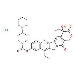 ChemSpider 2D Image | (4R)-4,11-Diethyl-4-hydroxy-3,14-dioxo-3,4,12,14-tetrahydro-1H-pyrano[3',4':6,7]indolizino[1,2-b]quinolin-9-yl 1,4'-bipiperidine-1'-carboxylate hydrochloride (1:1) | C33H39ClN4O6