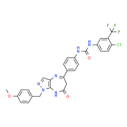 ChemSpider 2D Image | 1-[4-Chloro-3-(trifluoromethyl)phenyl]-3-{4-[1-(4-methoxybenzyl)-7-oxo-1,6,7,8-tetrahydropyrazolo[3,4-b][1,4]diazepin-5-yl]phenyl}urea | C28H22ClF3N6O3