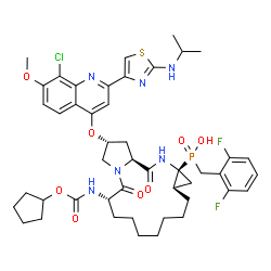 ChemSpider 2D Image | (R)-[(2R,6S,13aR,14aS,16aS)-2-({8-Chloro-2-[2-(isopropylamino)-1,3-thiazol-4-yl]-7-methoxy-4-quinolinyl}oxy)-6-{[(cyclopentyloxy)carbonyl]amino}-5,16-dioxohexadecahydrocyclopropa[e]pyrrolo[1,2-a][1,4]
diazacyclopentadecin-14a(5H)-yl](2,6-difluorobenzyl)phosphinic acid | C46H56ClF2N6O8PS