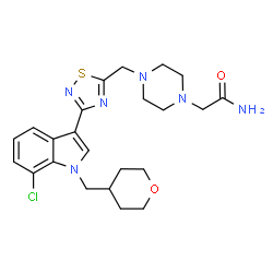 ChemSpider 2D Image | 2-[4-({3-[7-Chloro-1-(tetrahydro-2H-pyran-4-ylmethyl)-1H-indol-3-yl]-1,2,4-thiadiazol-5-yl}methyl)-1-piperazinyl]acetamide | C23H29ClN6O2S