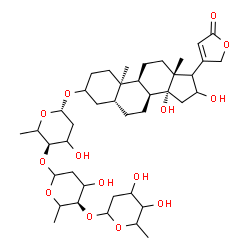 ChemSpider 2D Image | (5beta,8alpha,10alpha,14alpha,17xi)-3-{[2,6-Dideoxyhexopyranosyl-(1->4)-2,6-dideoxy-L-glycero-hexopyranosyl-(1->4)-2,6-dideoxy-beta-L-glycero-hexopyranosyl]oxy}-14,16-dihydroxycard-20(22)-enolide | C41H64O14