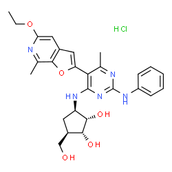 ChemSpider 2D Image | (1R,2S,3R,5R)-3-{[2-Anilino-5-(5-ethoxy-7-methylfuro[2,3-c]pyridin-2-yl)-6-methyl-4-pyrimidinyl]amino}-5-(hydroxymethyl)-1,2-cyclopentanediol hydrochloride (1:1) | C27H32ClN5O5
