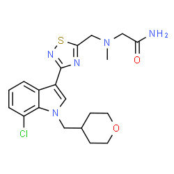 ChemSpider 2D Image | N~2~-({3-[7-Chloro-1-(tetrahydro-2H-pyran-4-ylmethyl)-1H-indol-3-yl]-1,2,4-thiadiazol-5-yl}methyl)-N~2~-methylglycinamide | C20H24ClN5O2S