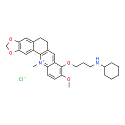 ChemSpider 2D Image | 8-[3-(Cyclohexylamino)propoxy]-9-methoxy-12-methyl-5,6-dihydro[1,3]benzodioxolo[5,6-c]acridin-12-ium chloride | C29H35ClN2O4