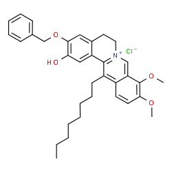 ChemSpider 2D Image | 3-(Benzyloxy)-2-hydroxy-9,10-dimethoxy-13-octyl-5,6-dihydroisoquinolino[3,2-a]isoquinolinium chloride | C34H40ClNO4