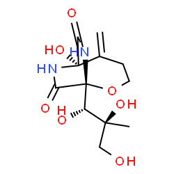 ChemSpider 2D Image | (1R,6S)-6-Hydroxy-5-methylene-1-[(1S,2S)-1,2,3-trihydroxy-2-methylpropyl]-2-oxa-7,9-diazabicyclo[4.2.2]decane-8,10-dione | C12H18N2O7
