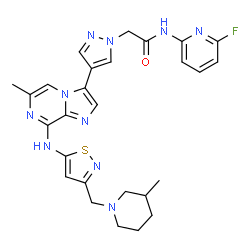 ChemSpider 2D Image | N-(6-Fluoro-2-pyridinyl)-2-{4-[6-methyl-8-({3-[(3-methyl-1-piperidinyl)methyl]-1,2-thiazol-5-yl}amino)imidazo[1,2-a]pyrazin-3-yl]-1H-pyrazol-1-yl}acetamide | C27H29FN10OS