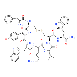 ChemSpider 2D Image | (4R,7S,10S,13S,16R,19R)-10-(4-Aminobutyl)-N-[(2S)-1-amino-3-(1H-indol-3-yl)-1-oxo-2-propanyl]-16-(4-hydroxybenzyl)-13-(1H-indol-3-ylmethyl)-7-isopropyl-6,9,12,15,18-pentaoxo-19-(D-phenylalanylamino)-1
,2-dithia-5,8,11,14,17-pentaazacycloicosane-4-carboxamide | C57H70N12O9S2