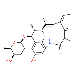 ChemSpider 2D Image | (6Z,7E,9S,10R,11S)-6-Ethylidene-14-hydroxy-11-{[(2R,5R,6R)-5-hydroxy-6-methyltetrahydro-2H-pyran-2-yl]oxy}-4,8,10-trimethyl-17-oxa-2-azatricyclo[7.6.2.0~12,16~]heptadeca-1(16),7,12,14-tetraene-3,5-dio
ne | C26H33NO7
