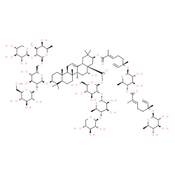 ChemSpider 2D Image | beta-D-Xylopyranosyl-(1->4)-6-deoxy-alpha-D-mannopyranosyl-(1->2)-1-O-[(3beta,16alpha,21beta)-21-({(2E,6S)-6-[(6-deoxy-4-O-{(2E,6R)-6-[(6-deoxy-beta-D-glucopyranosyl)oxy]-2,6-dimethyl-2,7-octadienoyl}
-beta-D-glucopyranosyl)oxy]-2,6-dimethyl-2,7-octadienoyl}oxy)-3-{[beta-D-glucopyranosyl-(1->2)-[beta-D-xylopyranosyl-(1->2)-6-deoxy-beta-D-galactopyranosyl-(1->6)]-beta-D-glucopyranosyl]oxy}-16-hydrox
y-28-oxoolean-12-en-28-yl]-beta-D-glucopyran | C102H162O48