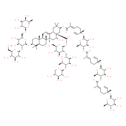 ChemSpider 2D Image | beta-D-Xylopyranosyl-(1->4)-6-deoxy-alpha-D-mannopyranosyl-(1->2)-1-O-[(3beta,16alpha,21beta)-21-({(2E,6S)-6-[(6-deoxy-4-O-{(2E,6R)-6-[(6-deoxy-4-O-{(2E,6R)-6-[(6-deoxy-beta-D-glucopyranosyl)oxy]-2,6-
dimethyl-2,7-octadienoyl}-beta-D-glucopyranosyl)oxy]-2,6-dimethyl-2,7-octadienoyl}-beta-D-glucopyranosyl)oxy]-2,6-dimethyl-2,7-octadienoyl}oxy)-3-{[6-deoxy-beta-D-galactopyranosyl-(1->6)-[beta-D-gluco
pyranosyl-(1->2)]-beta-D-glucopyranosyl]oxy} | C113H178O50
