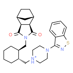 ChemSpider 2D Image | 4-(1,2-Benzothiazol-3-yl)-1-{[(1R,2R)-2-{[(1R,2S,6R,7S)-3,5-dioxo-4-azatricyclo[5.2.1.0~2,6~]dec-4-yl]methyl}cyclohexyl]methyl}piperazin-1-ium | C28H37N4O2S