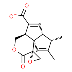 ChemSpider 2D Image | (2R,4a'S,7'S,7a'R,9a'R)-6',7'-Dimethyl-3'-oxo-1',7',7a',9a'-tetrahydrospiro[oxirane-2,4'-pentaleno[1,6a-c]pyran]-9'-carboxylate | C15H15O5