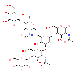 ChemSpider 2D Image | beta-D-Galactopyranosyl-(1->4)-2-acetamido-2-deoxy-beta-D-glucopyranosyl-(1->3)-[beta-D-galactopyranosyl-(1->4)-2-acetamido-2-deoxy-beta-D-glucopyranosyl-(1->6)]-beta-D-galactopyranosyl-(1->4)-2-aceta
mido-2-deoxy-D-glucopyranose | C42H71N3O31