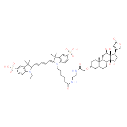 ChemSpider 2D Image | (3beta,5beta,12beta)-3-[2-({2-[(6-{(2Z)-2-[(2E,4E)-5-(1-Ethyl-3,3-dimethyl-5-sulfo-2,3-dihydro-1H-indol-2-yl)-2,4-pentadien-1-ylidene]-3,3-dimethyl-5-sulfo-2,3-dihydro-1H-indol-1-yl}hexanoyl)amino]eth
yl}amino)-2-oxoethoxy]-12,14-dihydroxycard-20(22)-enolide | C60H82N4O13S2