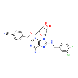 ChemSpider 2D Image | 9-[5-O-(4-Cyanobenzyl)pentofuranosyl]-N~8~-(3,4-dichlorobenzyl)-9H-purine-6,8-diamine | C25H23Cl2N7O4