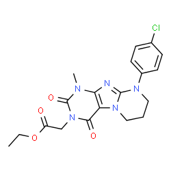 ChemSpider 2D Image | Ethyl [9-(4-chlorophenyl)-1-methyl-2,4-dioxo-1,4,6,7,8,9-hexahydropyrimido[2,1-f]purin-3(2H)-yl]acetate | C19H20ClN5O4