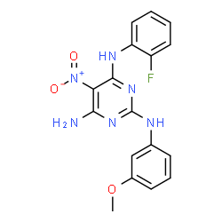 ChemSpider 2D Image | N~4~-(2-Fluorophenyl)-N~2~-(3-methoxyphenyl)-5-nitro-2,4,6-pyrimidinetriamine | C17H15FN6O3