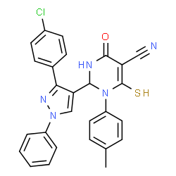 ChemSpider 2D Image | 2-[3-(4-Chlorophenyl)-1-phenyl-1H-pyrazol-4-yl]-1-(4-methylphenyl)-4-oxo-6-sulfanyl-1,2,3,4-tetrahydro-5-pyrimidinecarbonitrile | C27H20ClN5OS