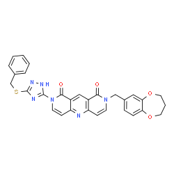 ChemSpider 2D Image | 2-[3-(Benzylsulfanyl)-1H-1,2,4-triazol-5-yl]-8-(3,4-dihydro-2H-1,5-benzodioxepin-7-ylmethyl)pyrido[4,3-b][1,6]naphthyridine-1,9(2H,8H)-dione | C30H24N6O4S