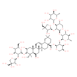 ChemSpider 2D Image | 6-Deoxy-beta-L-mannopyranosyl-(1->3)-2-O-[(2S,3R,4S)-3-hydroxy-4-(hydroxymethyl)-4-methyltetrahydro-2-furanyl]-beta-D-xylopyranosyl-(1->2)-6-deoxy-alpha-L-mannopyranosyl-(1->2)-1-O-[(2beta,3beta,6beta
)-3-({2-O-[(2S,3R,4R)-3,4-dihydroxy-4-(hydroxymethyl)tetrahydro-2-furanyl]-beta-D-glucopyranosyl}oxy)-2,6,23-trihydroxy-28-oxoolean-12-en-28-yl]-alpha-L-arabinopyranose | C69H112O34