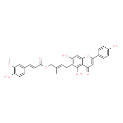 ChemSpider 2D Image | (2E)-4-[5,7-Dihydroxy-2-(4-hydroxyphenyl)-4-oxo-4H-chromen-6-yl]-2-methyl-2-buten-1-yl (2E)-3-(4-hydroxy-3-methoxyphenyl)acrylate | C30H26O9