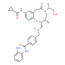ChemSpider 2D Image | N-(2-aminophenyl)-4-[[[(2R,3S)-9-[[cyclopropyl(oxo)methyl]amino]-5-[(2R)-1-hydroxypropan-2-yl]-3-methyl-6-oxo-2,3,4,7-tetrahydro-1,5-benzoxazonin-2-yl]methyl-methylamino]methyl]benzamide | C35H43N5O5