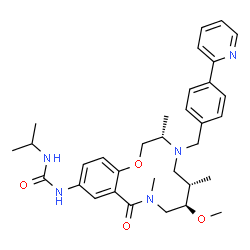 ChemSpider 2D Image | 1-Isopropyl-3-{(3S,6S,7R)-7-methoxy-3,6,9-trimethyl-10-oxo-4-[4-(2-pyridinyl)benzyl]-3,4,5,6,7,8,9,10-octahydro-2H-1,4,9-benzoxadiazacyclododecin-12-yl}urea | C33H43N5O4