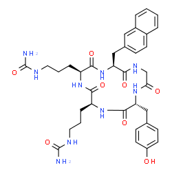 ChemSpider 2D Image | 1,1'-{[(2S,5S,8S,14R)-14-(4-Hydroxybenzyl)-8-(2-naphthylmethyl)-3,6,9,12,15-pentaoxo-1,4,7,10,13-pentaazacyclopentadecane-2,5-diyl]di-3,1-propanediyl}diurea | C36H45N9O8