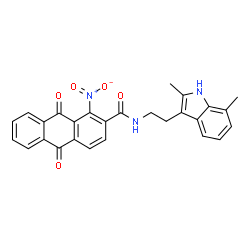 ChemSpider 2D Image | N-[2-(2,7-Dimethyl-1H-indol-3-yl)ethyl]-1-nitro-9,10-dioxo-9,10-dihydro-2-anthracenecarboxamide | C27H21N3O5
