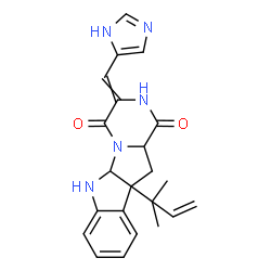 ChemSpider 2D Image | 3-(1H-Imidazol-5-ylmethylene)-10b-(2-methyl-3-buten-2-yl)-6,10b,11,11a-tetrahydro-2H-pyrazino[1',2':1,5]pyrrolo[2,3-b]indole-1,4(3H,5aH)-dione | C22H23N5O2