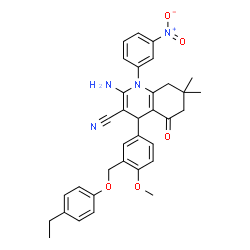 ChemSpider 2D Image | 2-Amino-4-{3-[(4-ethylphenoxy)methyl]-4-methoxyphenyl}-7,7-dimethyl-1-(3-nitrophenyl)-5-oxo-1,4,5,6,7,8-hexahydro-3-quinolinecarbonitrile | C34H34N4O5