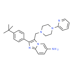 ChemSpider 2D Image | 2-[4-(2-Methyl-2-propanyl)phenyl]-3-{[4-(2-pyridinyl)-1-piperazinyl]methyl}imidazo[1,2-a]pyridin-6-amine | C27H32N6