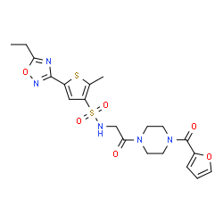 ChemSpider 2D Image | 5-(5-Ethyl-1,2,4-oxadiazol-3-yl)-N-{2-[4-(2-furoyl)-1-piperazinyl]-2-oxoethyl}-2-methyl-3-thiophenesulfonamide | C20H23N5O6S2