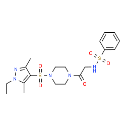 ChemSpider 2D Image | N-(2-{4-[(1-Ethyl-3,5-dimethyl-1H-pyrazol-4-yl)sulfonyl]-1-piperazinyl}-2-oxoethyl)benzenesulfonamide | C19H27N5O5S2