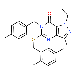 ChemSpider 2D Image | 5-[(2,5-Dimethylbenzyl)sulfanyl]-1-ethyl-3-methyl-6-(4-methylbenzyl)-1,6-dihydro-7H-pyrazolo[4,3-d]pyrimidin-7-one | C25H28N4OS