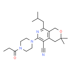 ChemSpider 2D Image | 8-Isobutyl-3,3-dimethyl-6-(4-propionyl-1-piperazinyl)-3,4-dihydro-1H-pyrano[3,4-c]pyridine-5-carbonitrile | C22H32N4O2