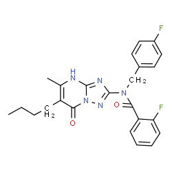 ChemSpider 2D Image | N-(6-Butyl-5-methyl-7-oxo-1,7-dihydro[1,2,4]triazolo[1,5-a]pyrimidin-2-yl)-2-fluoro-N-(4-fluorobenzyl)benzamide | C24H23F2N5O2